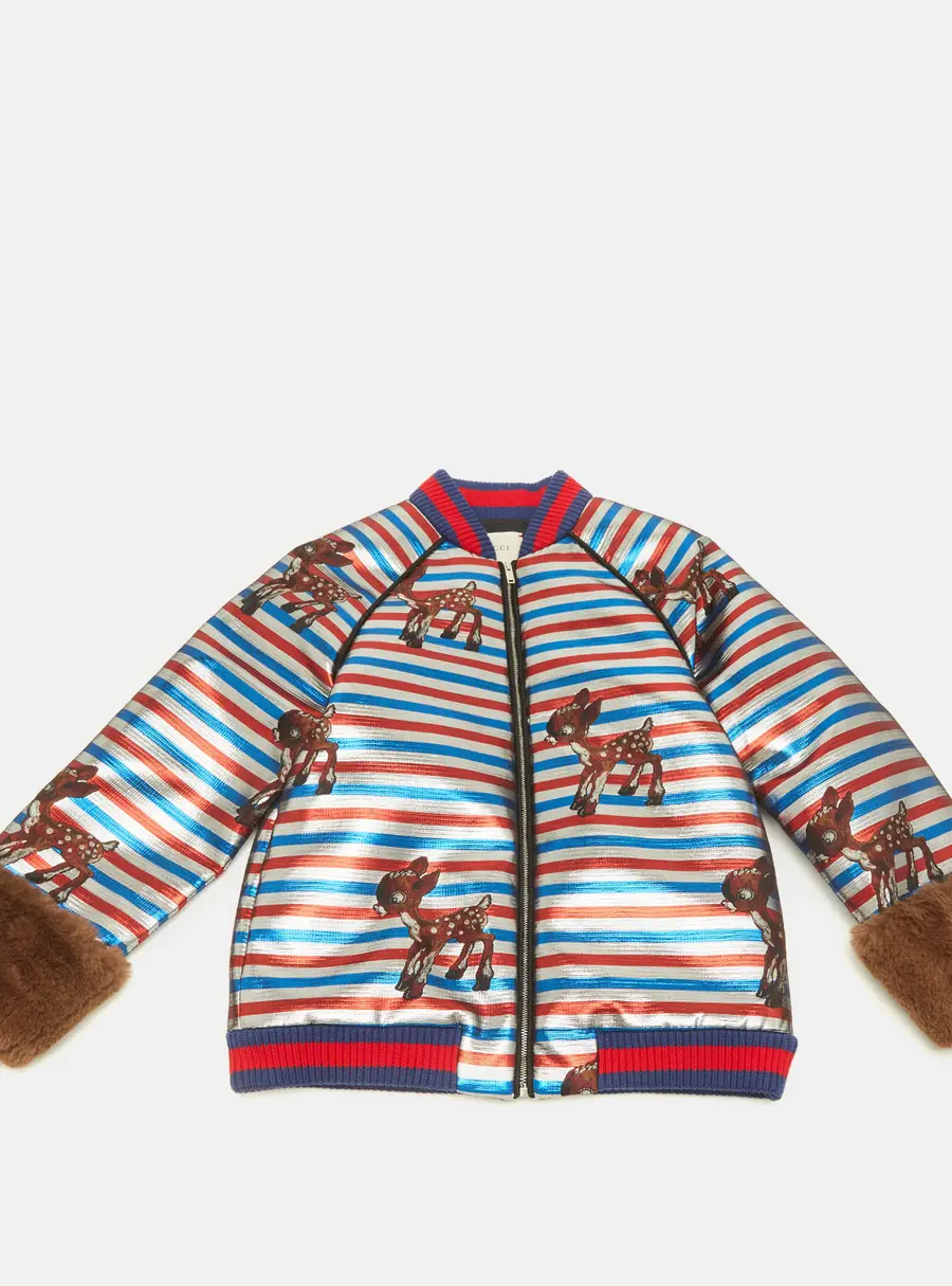 Gucci Kids Multicolor Striped Glitter Faux Fur Trim Bomber Jacket 10Yrs