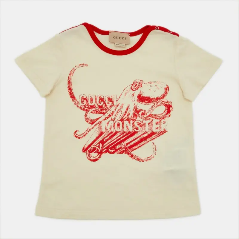 Gucci Kids Cream Monster Octopus Print Cotton T-Shirt Size 12-18 M