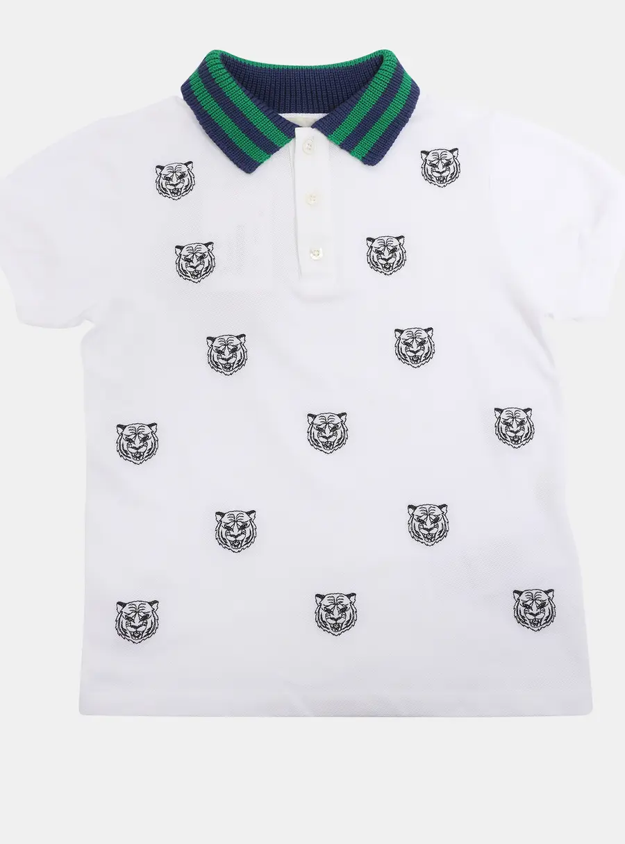 Gucci White/Blue Tiger Print Web Collar Jersey Polo T-Shirt 6 Yrs