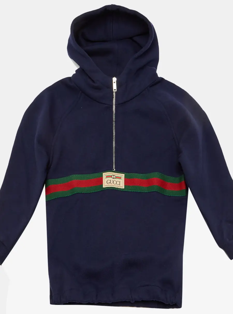 Gucci Kids Navy Blue Cotton Web Striped Hoodie Size 12-18 M