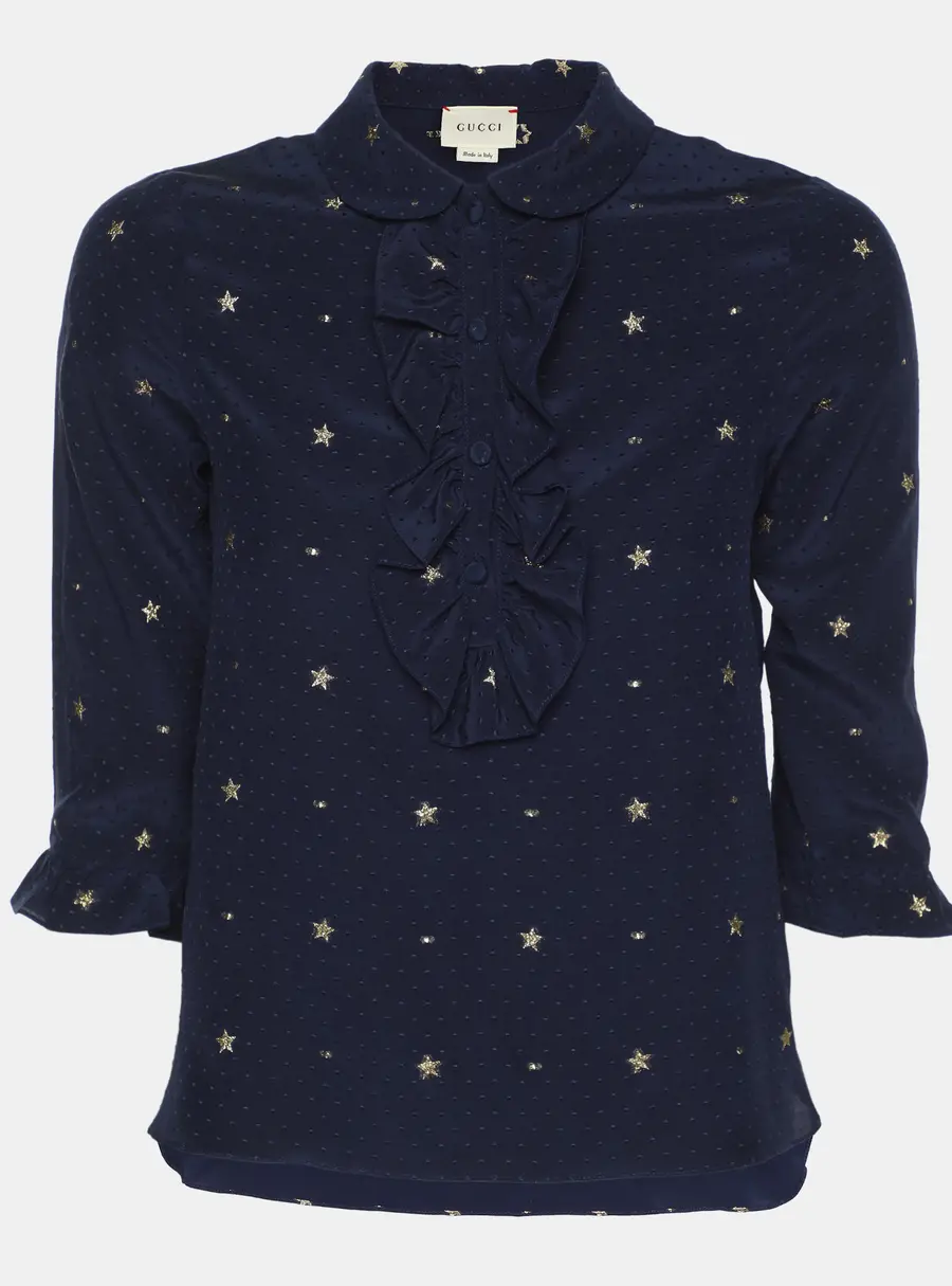 Gucci Navy Blue Silk Star Embroidered Ruffled Blouse 10Y
