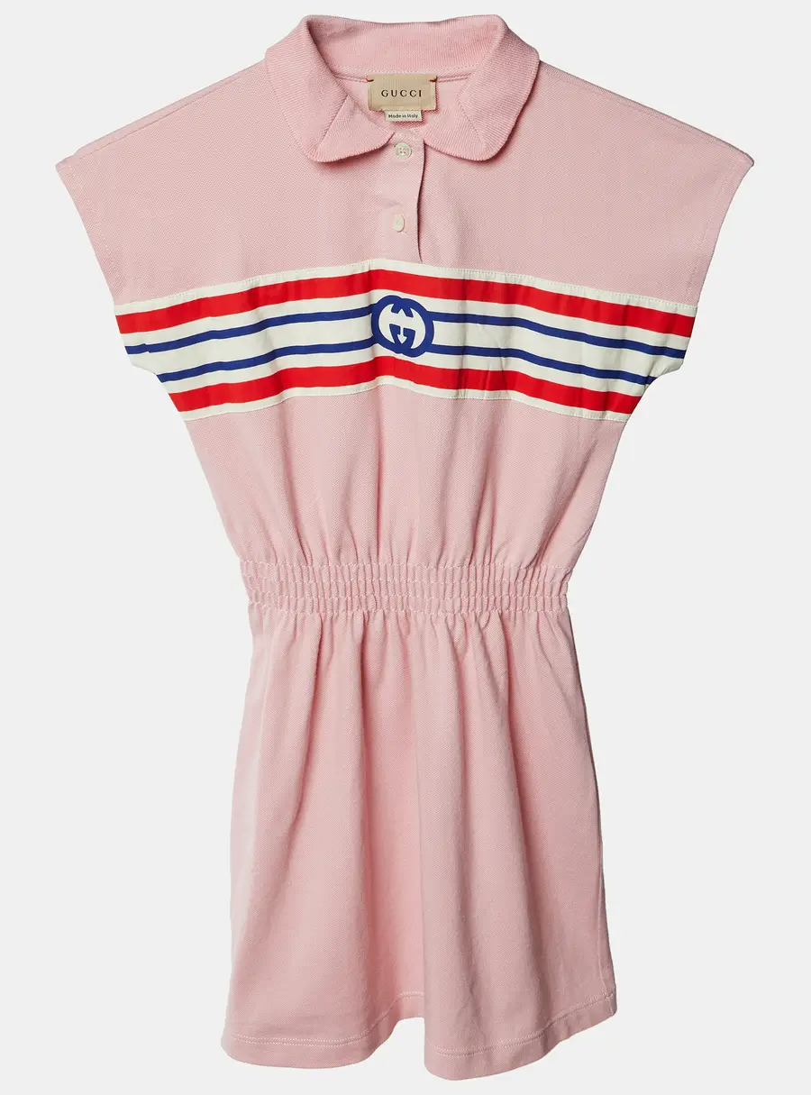 Gucci Kids Pink Logo Stripe Band Detail Stretch Knit Polo Dress 5Yrs
