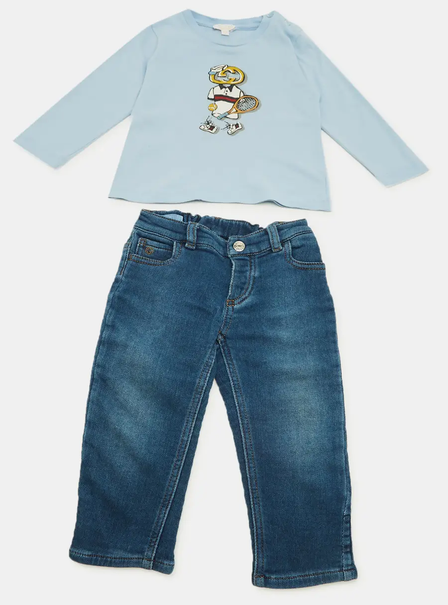 Gucci Kids Blue Printed Jersey and Denim T-Shirt Set 9/12M and 12/18M