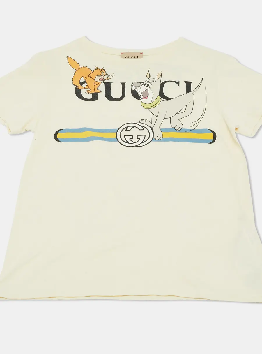 Gucci Kids Cream Logo Cartoon Print Jersey T-Shirt 10Yrs