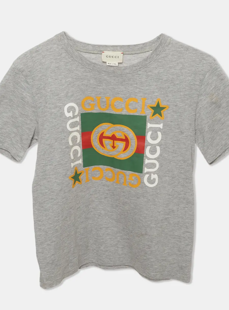 Gucci Kids Grey Logo Print Jersey Crewneck T-Shirt 8 Yrs
