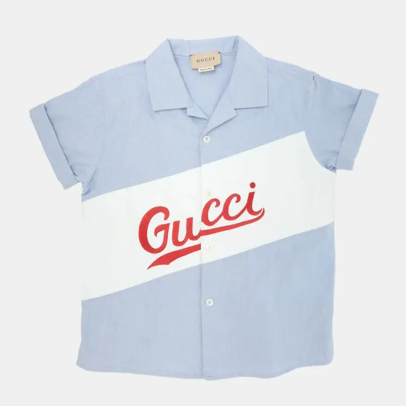 Gucci Light Blue/White Logo Embroidered Oxford Cotton Bowling Shirt 24 months
