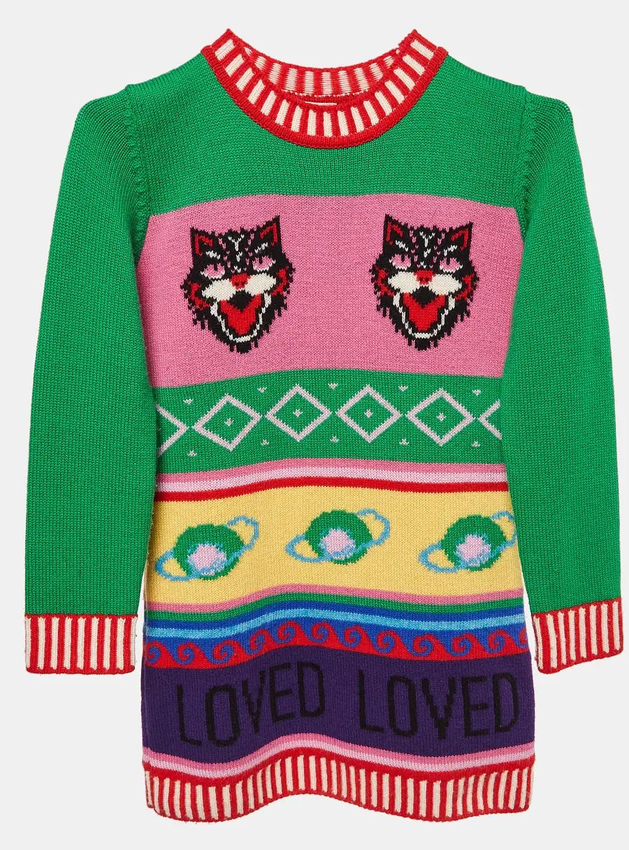 Gucci Green Intarsia Wool Knit Sweater Dress 8Y