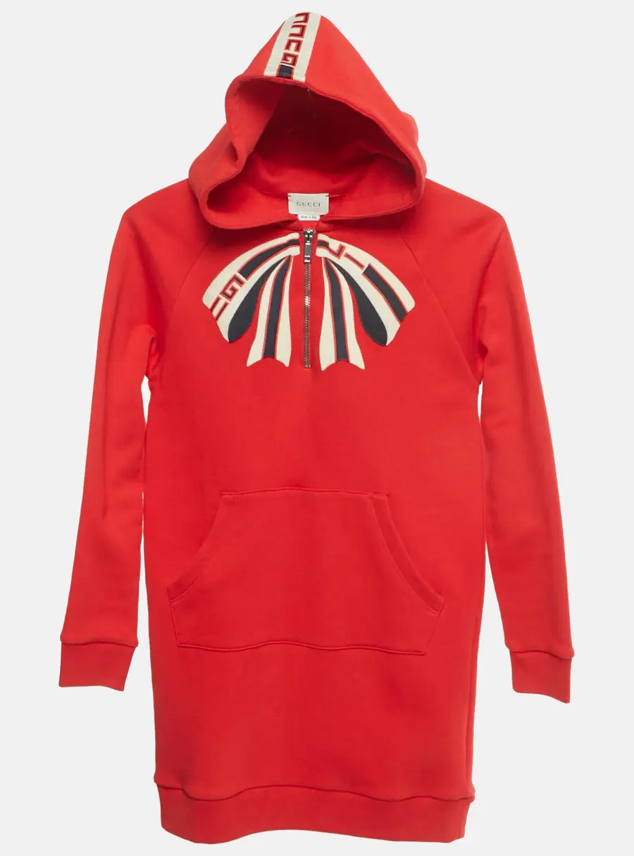 Gucci Kids Red Bow Applique Cotton Hooded Dress 8Yrs