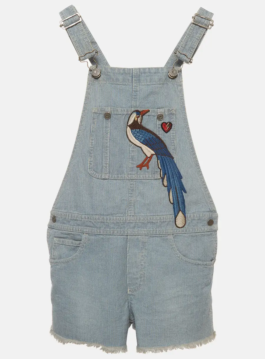 Gucci Kids Blue Striped Bird Embroidery Denim Overalls 12 Yrs