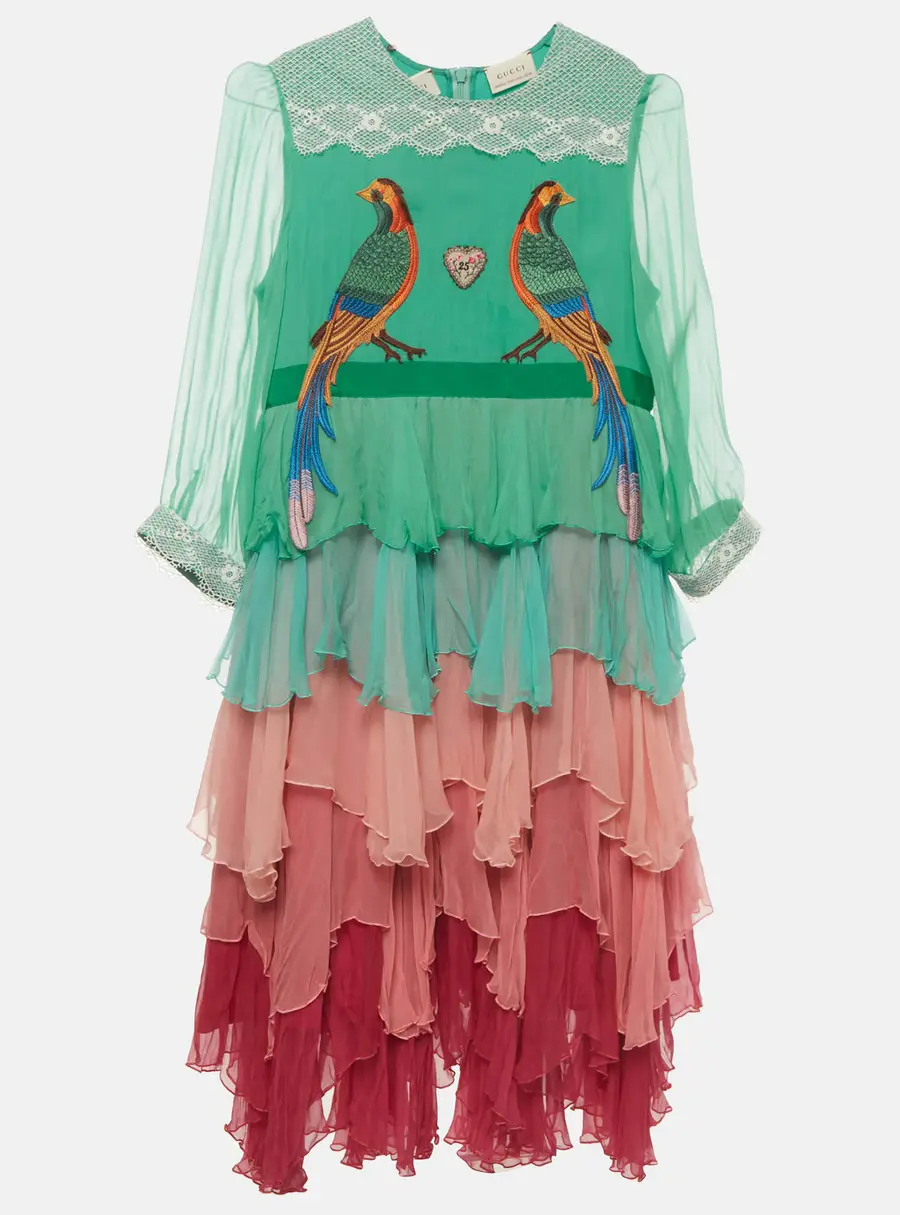 Gucci Kids Multicolour Embroidered Chiffon Tiered Dress 12 Yrs