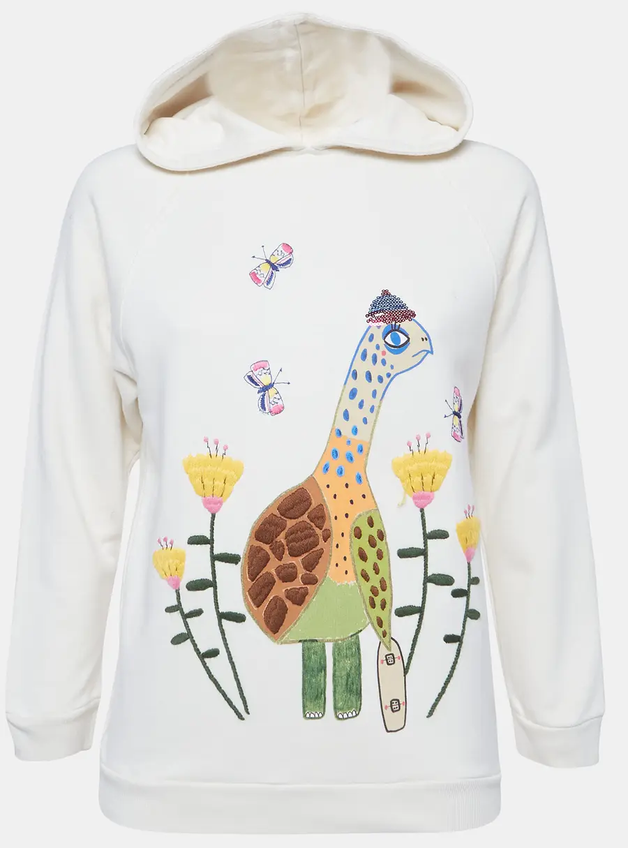 Gucci Kids Cream Cotton Knit Embroidered Hooded Sweatshirt 10Yrs