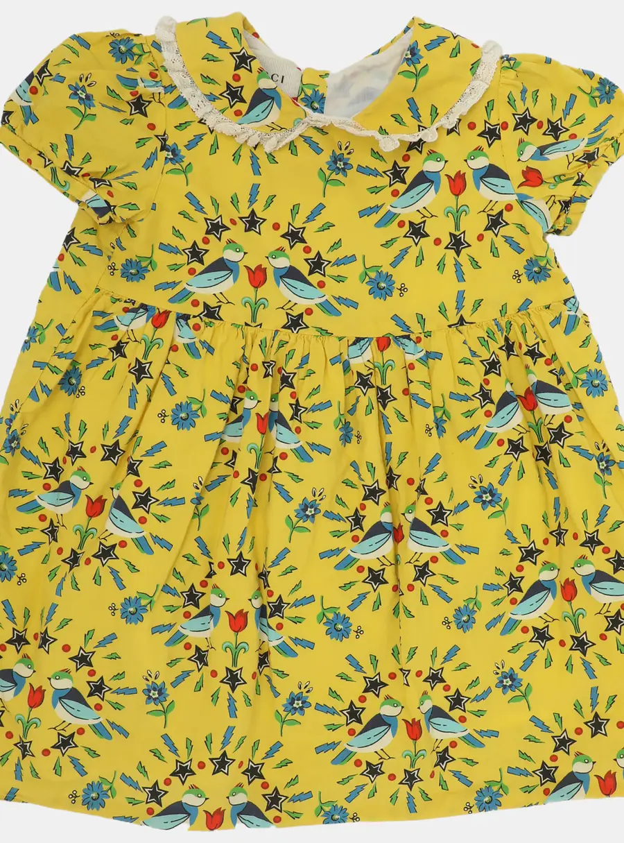 Gucci Yellow Multicolor Bird Printed Cotton Dress 12-18 months