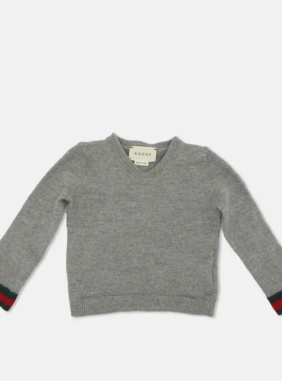Gucci Grey Wool Web V Neck Sweatshirt 24 months