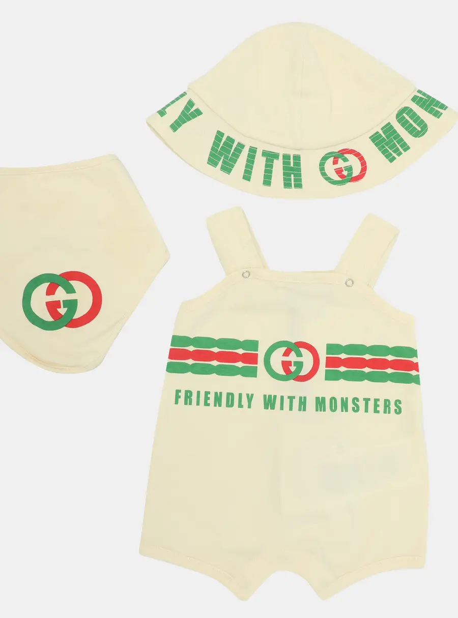Gucci Light Beige Friendly with Monsters Printed Cotton Jumper Hat and Bib Set 3 Months