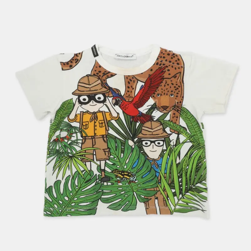 Dolce & Gabbana White Multicolor Jungle Safari Printed Jersey T-shirt 9-12 months