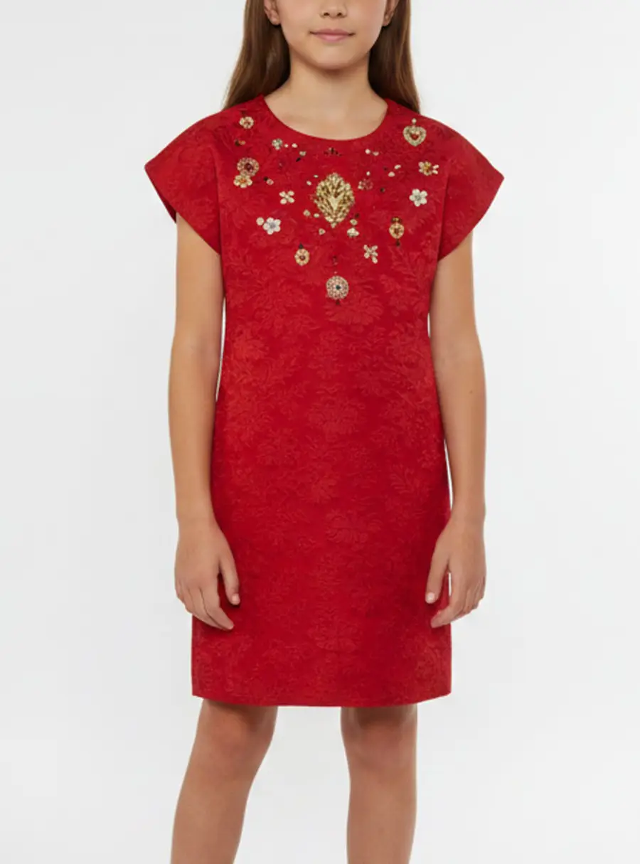 Dolce & Gabbana Red Floral Jacquard Embellished Dress 11/12 Yrs