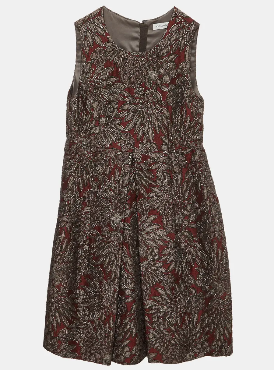 Dolce & Gabbana Kids Burgundy Floral Brocade Pleated Dress 6 Yrs