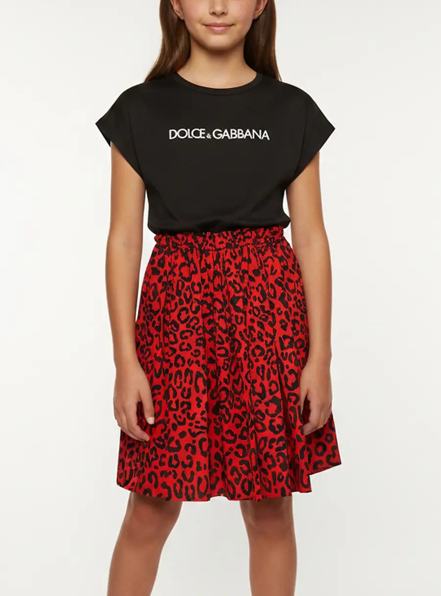 Dolce & Gabbana Kids Black/Red Leopard Print Jersey and Gabardine Dress 12 Yrs