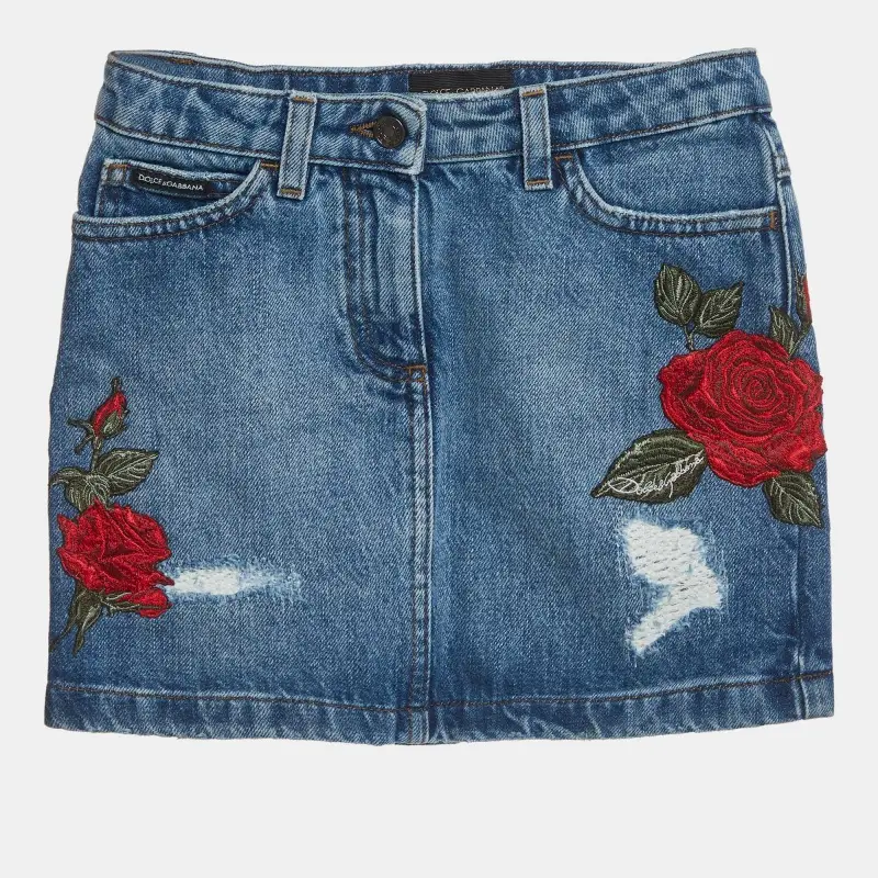 Dolce & Gabbana Kids Blue Floral Appliqué Distressed Denim Skirt 5 Yrs