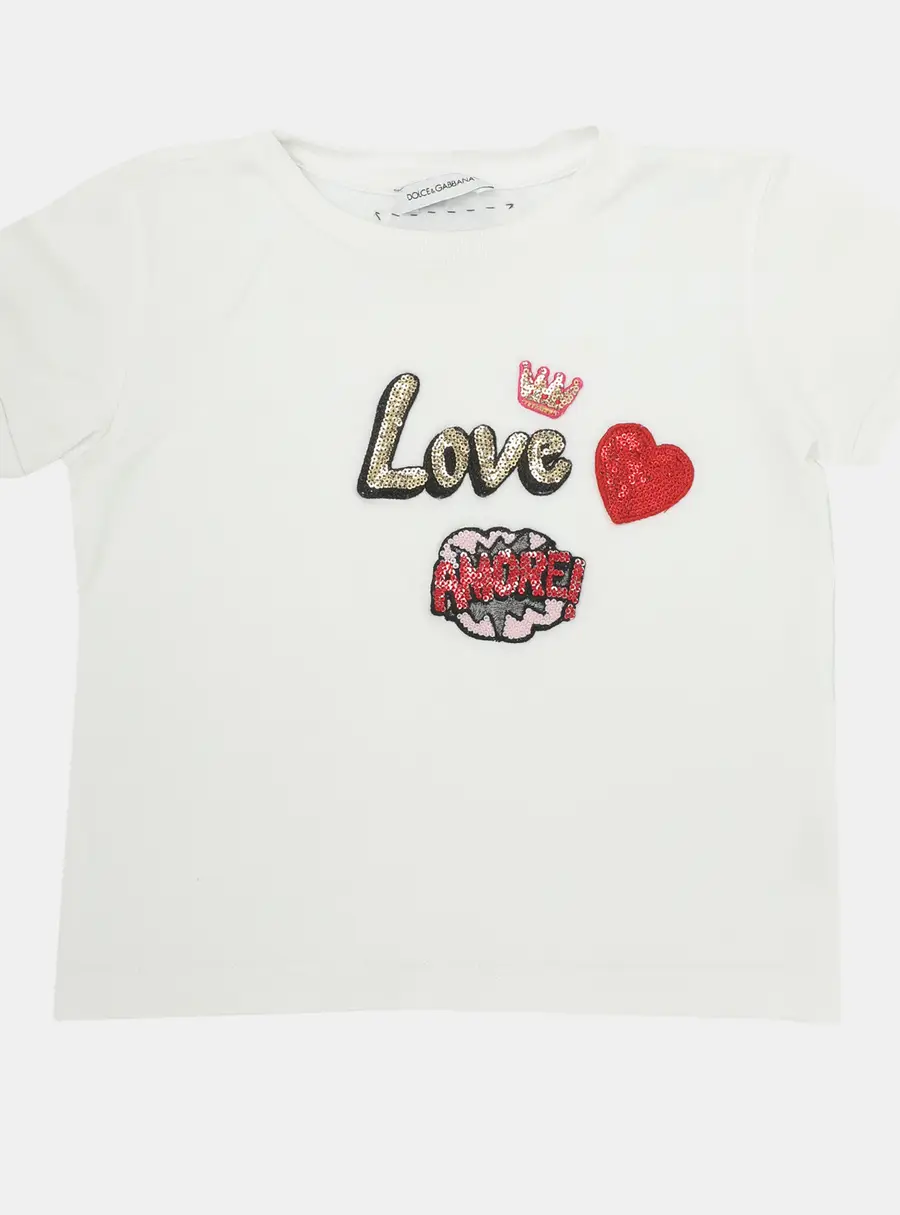 Dolce and Gabbana White Sequin Embellished Cotton Amore Love T-Shirt 3 months