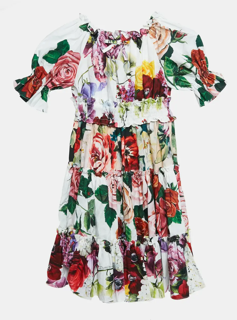 Dolce & Gabbana Kids White/Red Floral Print Poplin Tiered Dress 6 Yrs
