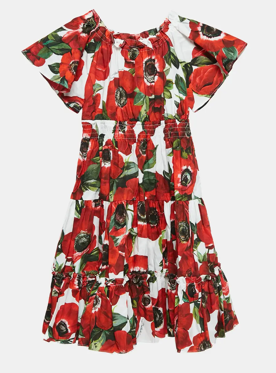 Dolce & Gabbana Kids Red Floral Print Poplin Tiered Dress 24-30 M