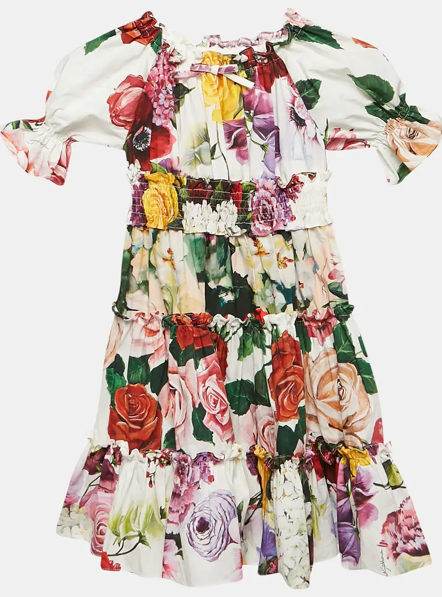 Dolce & Gabbana Kids White/Red Floral Print Poplin Tiered Dress 4 Yrs