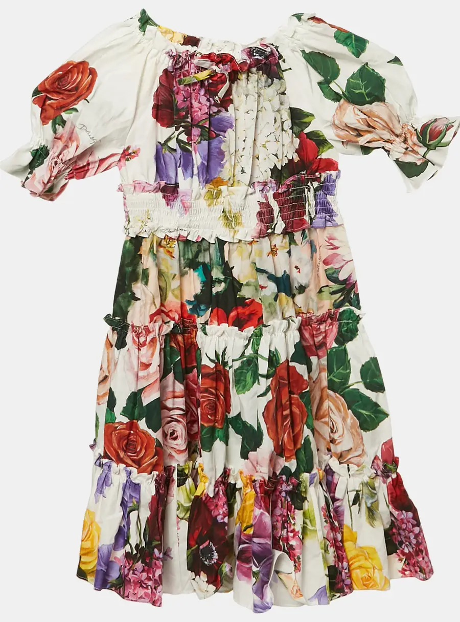 Dolce & Gabbana Kids White Floral Print Cotton Smocked Dress 4 Yrs