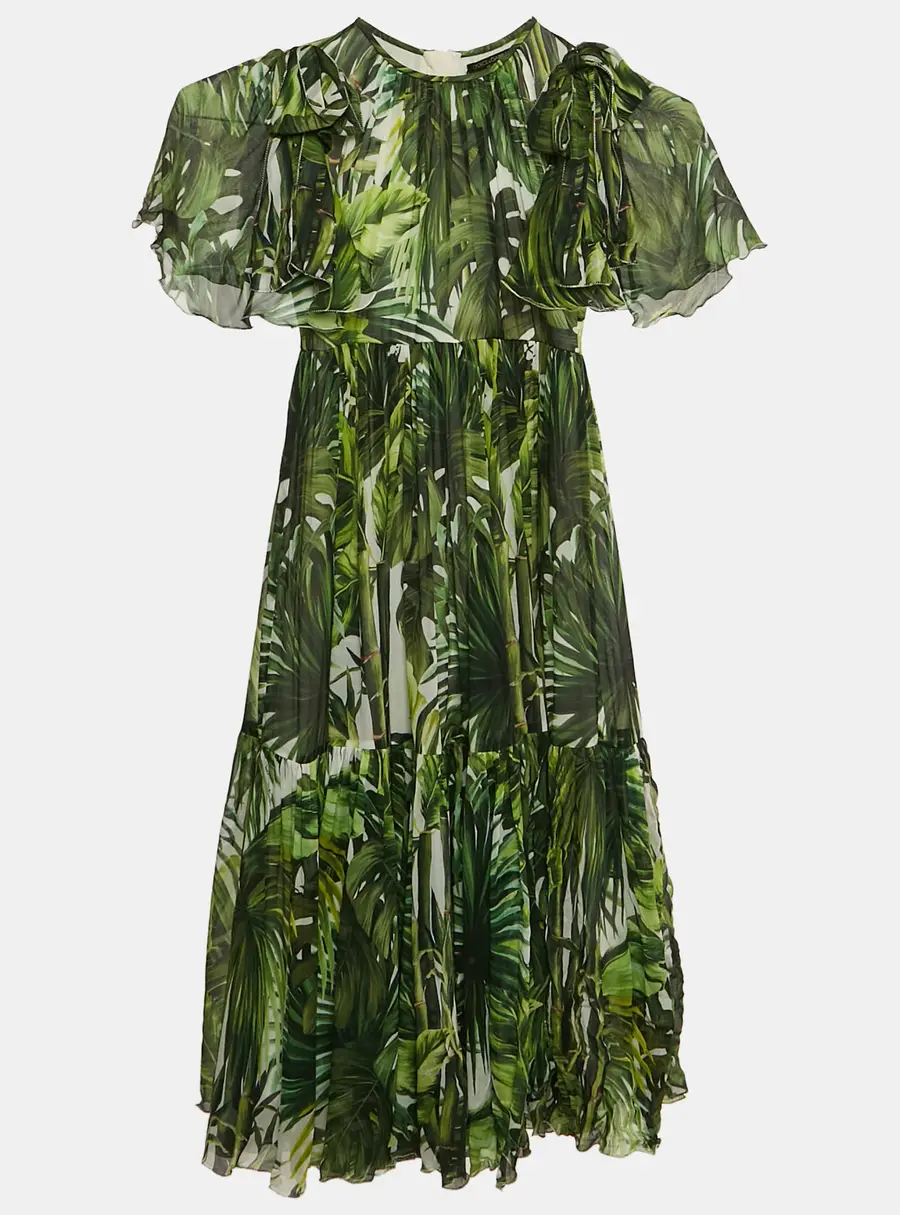 Dolce & Gabbana Green Tropical Print Silk Flounce Dress 7/8 Yrs
