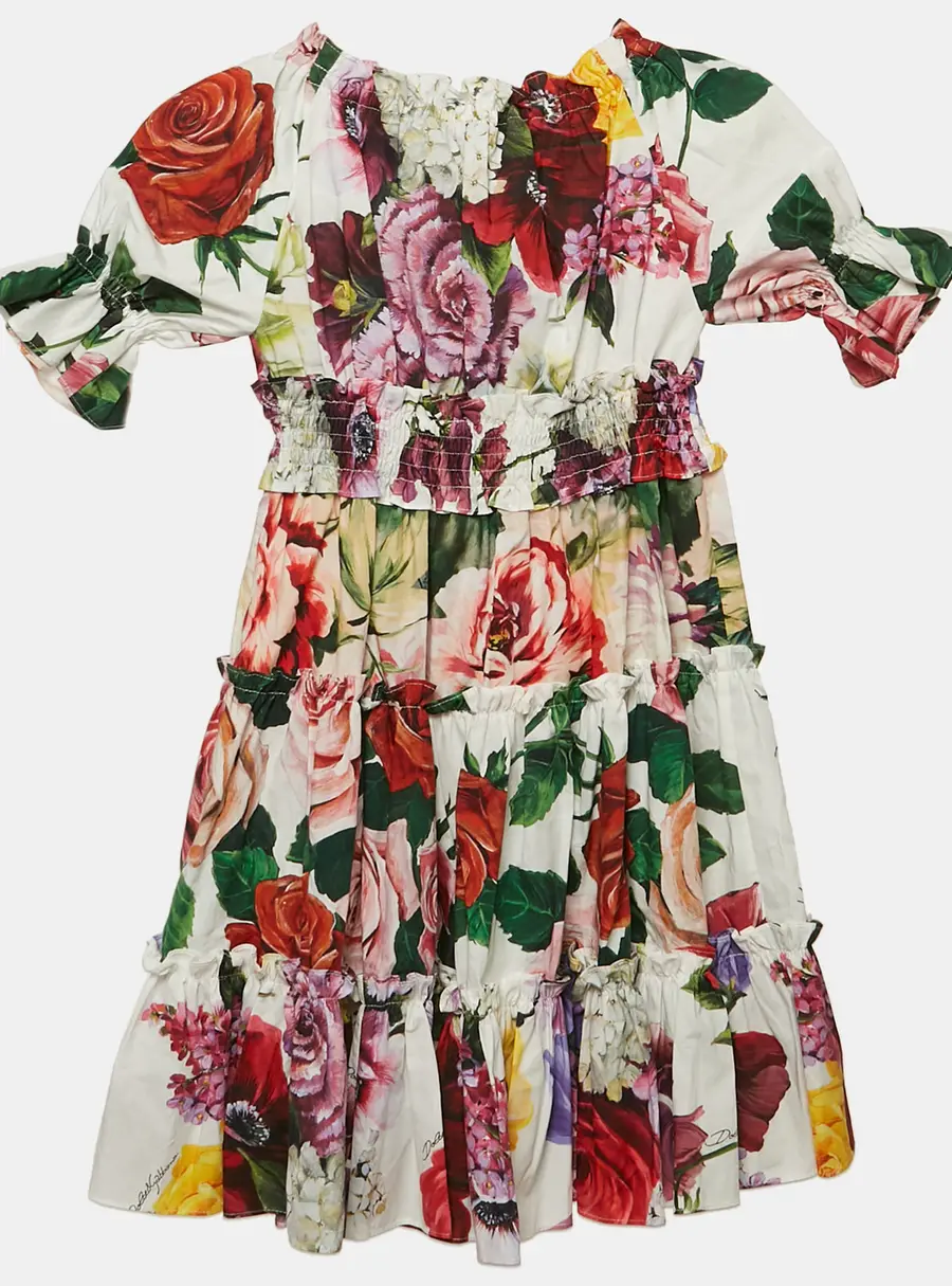 Dolce & Gabbana Kids White Floral Print Cotton Tiered Dress 4 Yrs
