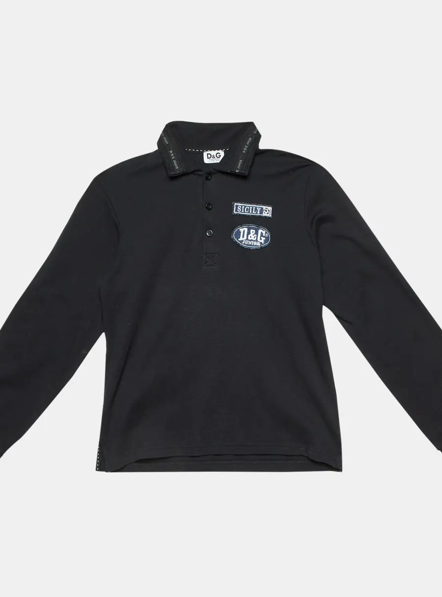 D&G Junior Black Cotton Applique Detail Polo T-Shirt 12 Yrs