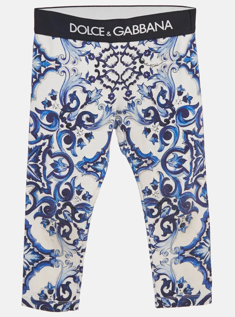 Dolce & Gabbana Kids White/Blue Printed Cotton Knit Pants 2 Yrs