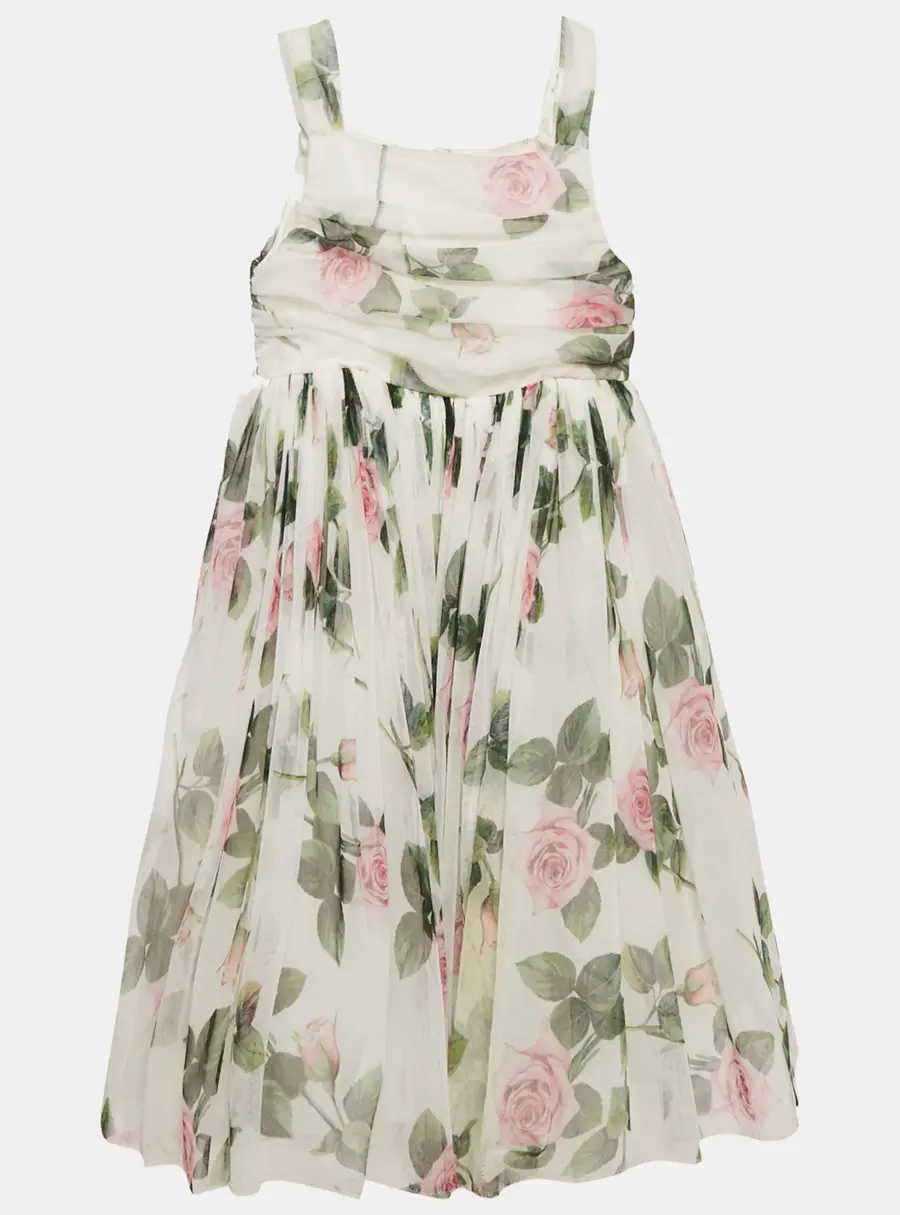 Dolce & Gabbana Kids White Tropical Rose Print Tulle Midi Dress 11/12 Yrs