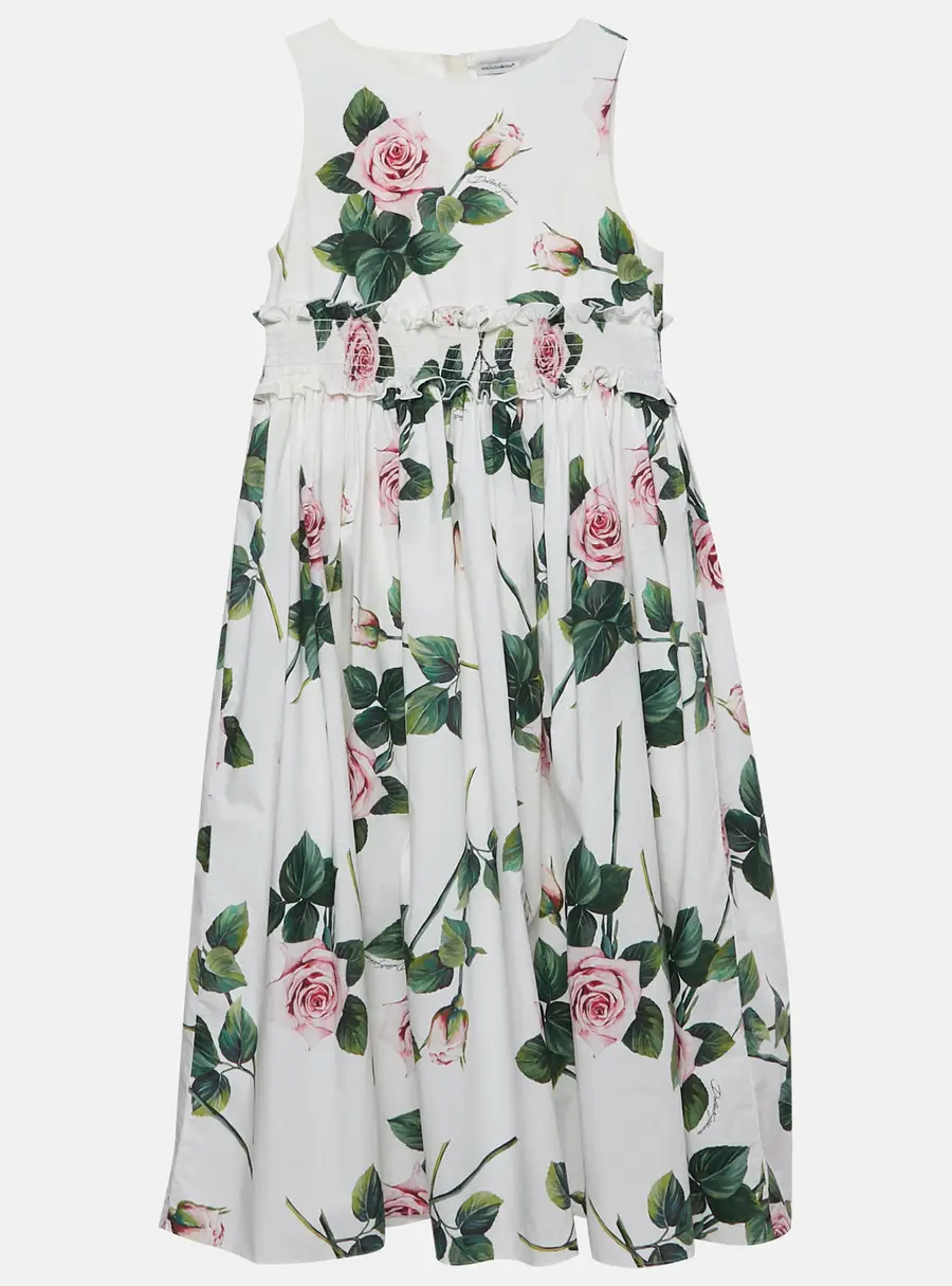 Dolce & Gabbana Kids White Floral Print Poplin Shirred Waist Midi Dress 11/12 Yrs