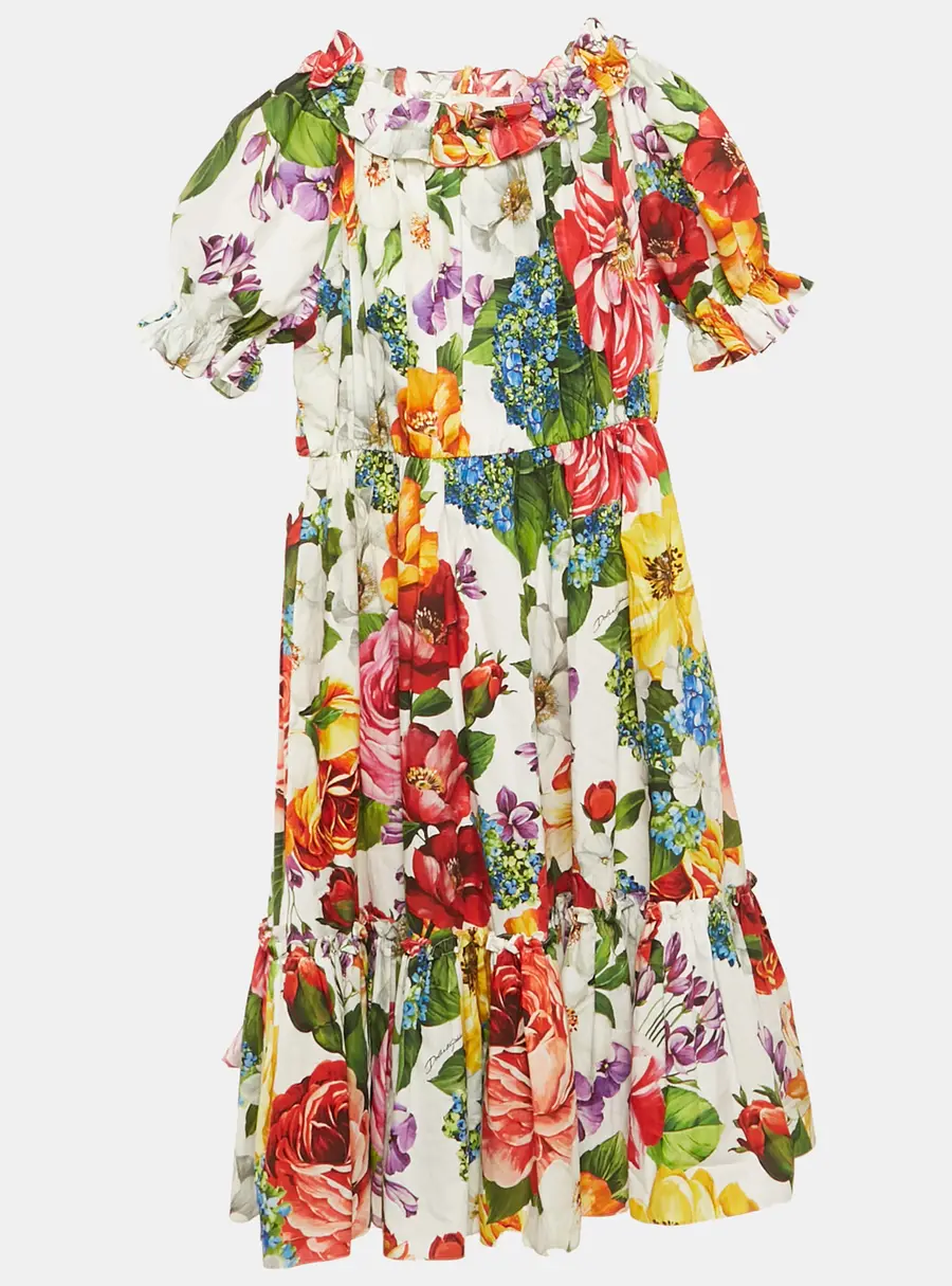 Dolce & Gabbana Kids Multicolor Floral Print Cotton Tiered Dress 11/12 Yrs