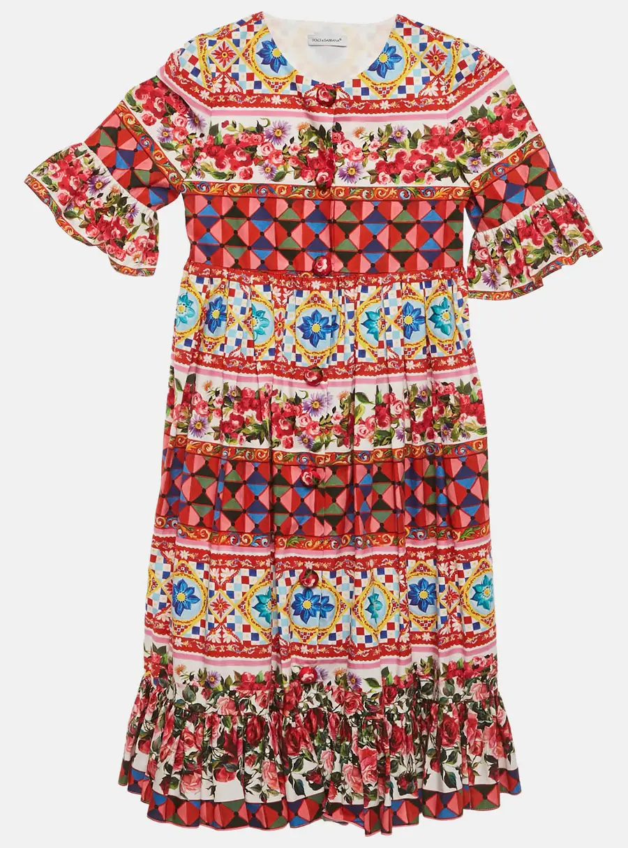 Dolce & Gabbana Multicolor Carretto Con Rose Print Cotton Flouce Dress 6 Yrs