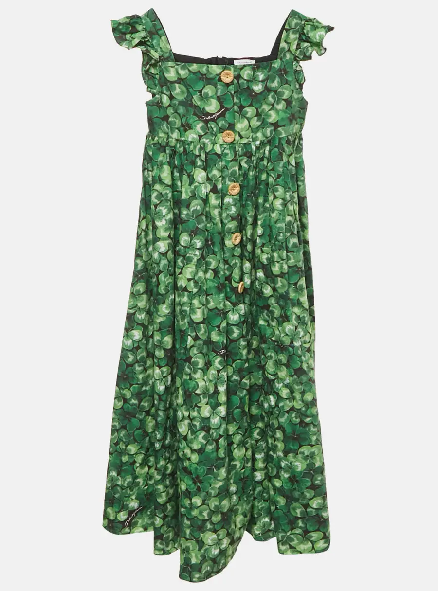 Dolce & Gabbana Kids Green Printed Poplin Ruffled Sleeve Dress 11/12 Yrs