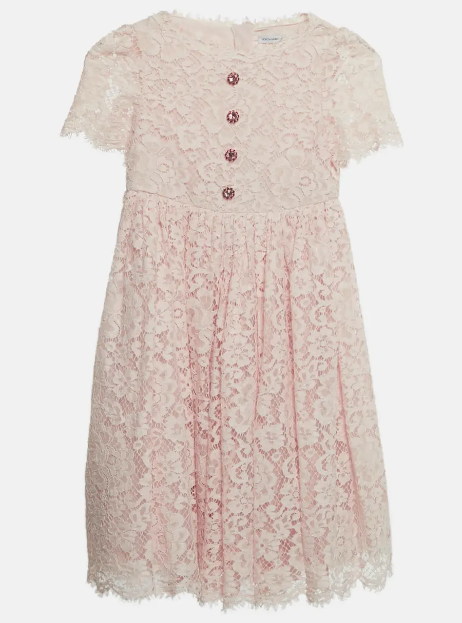 Dolce & Gabbana Kids Pink Lace Bejeweled Buttons Dress 6 Yrs