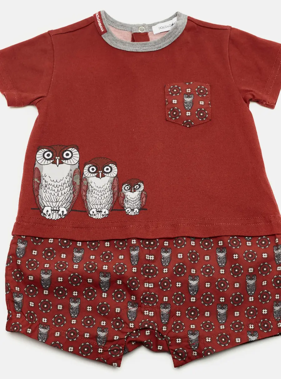 Dolce & Gabbana Kids Maroon Owl Print Cotton Romper 3-6 Months