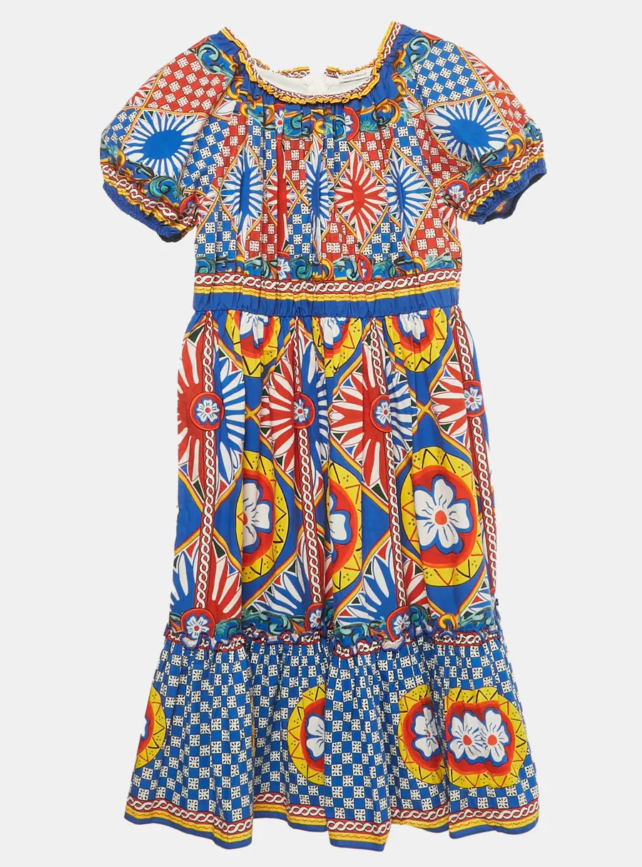 Dolce & Gabbana Multicolour Carretto Print Cotton Puff Sleeve Dress 11/12 Yrs