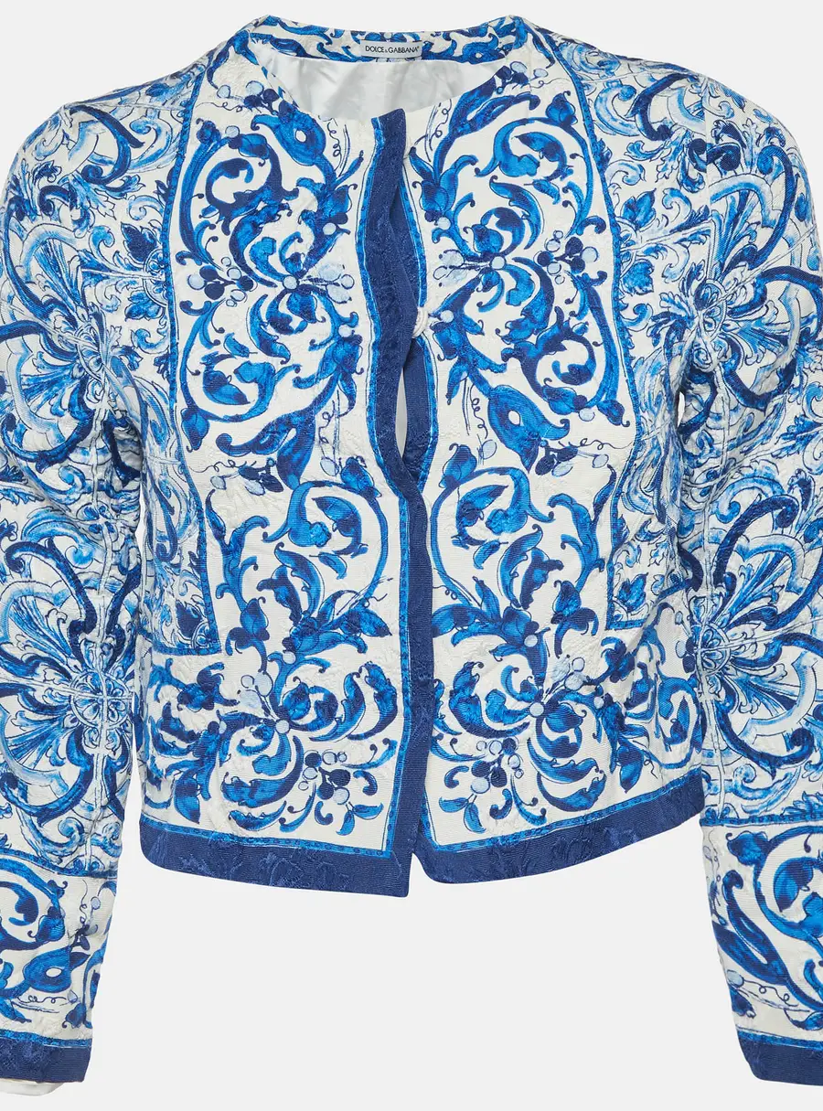 Dolce & Gabbana White/Blue Majolica Print Silk Blend Crop Jacket 11-12 Yrs