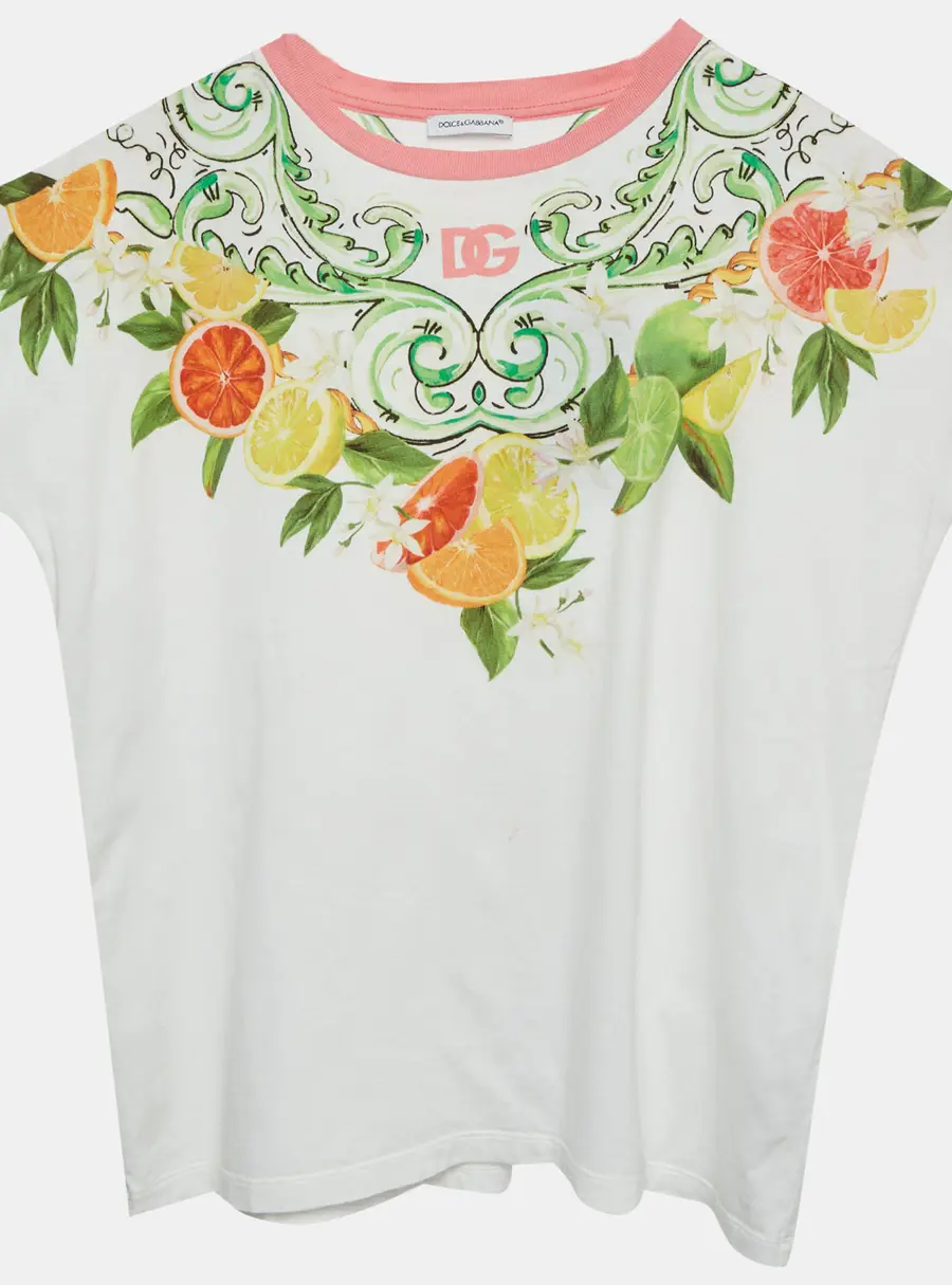 Dolce & Gabbana White Lemon Print Jersey Crew Neck T-Shirt 12+ Yrs
