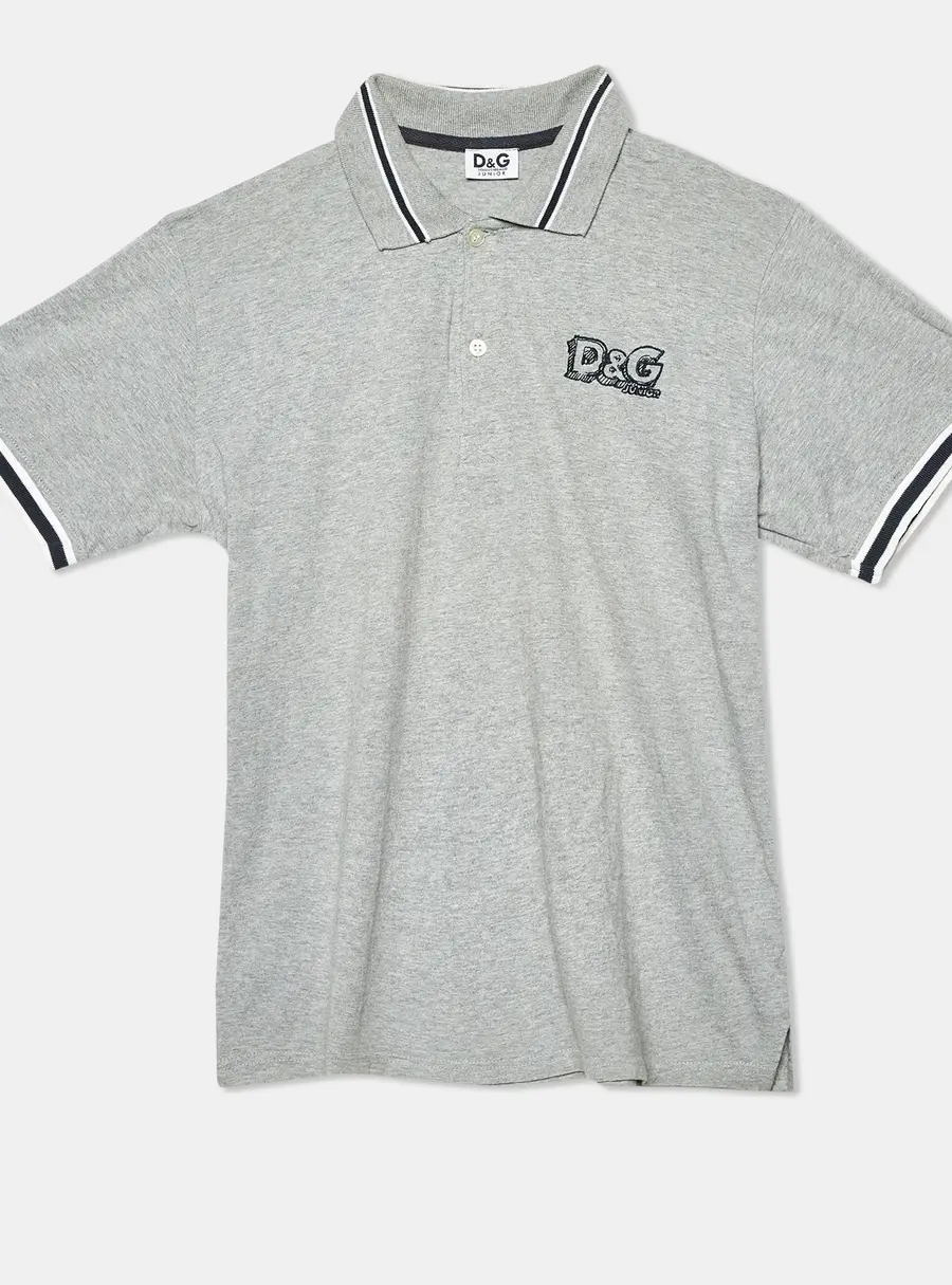 D&G Kids Grey Logo Embroidered Cotton Polo T-Shirt 14 Yrs