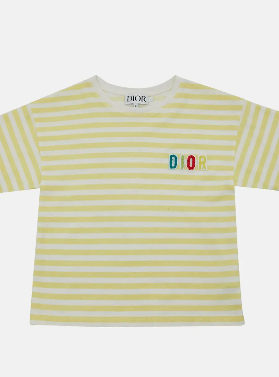 Dior Kids Yellow Striped Logo Cotton T-Shirt Size 4 Yrs