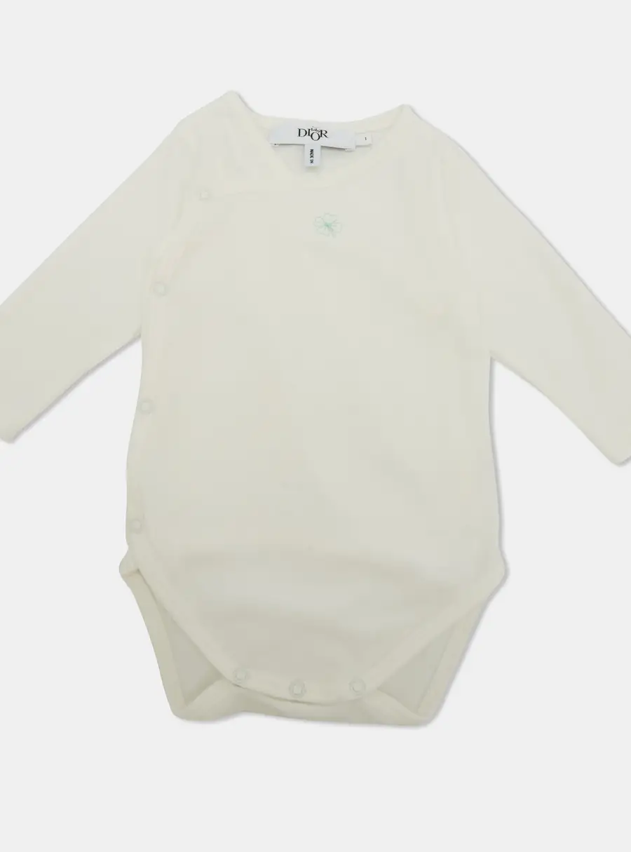 Baby Dior White Clover Leaf Embroidered Jersey Bodysuit 1 Yr