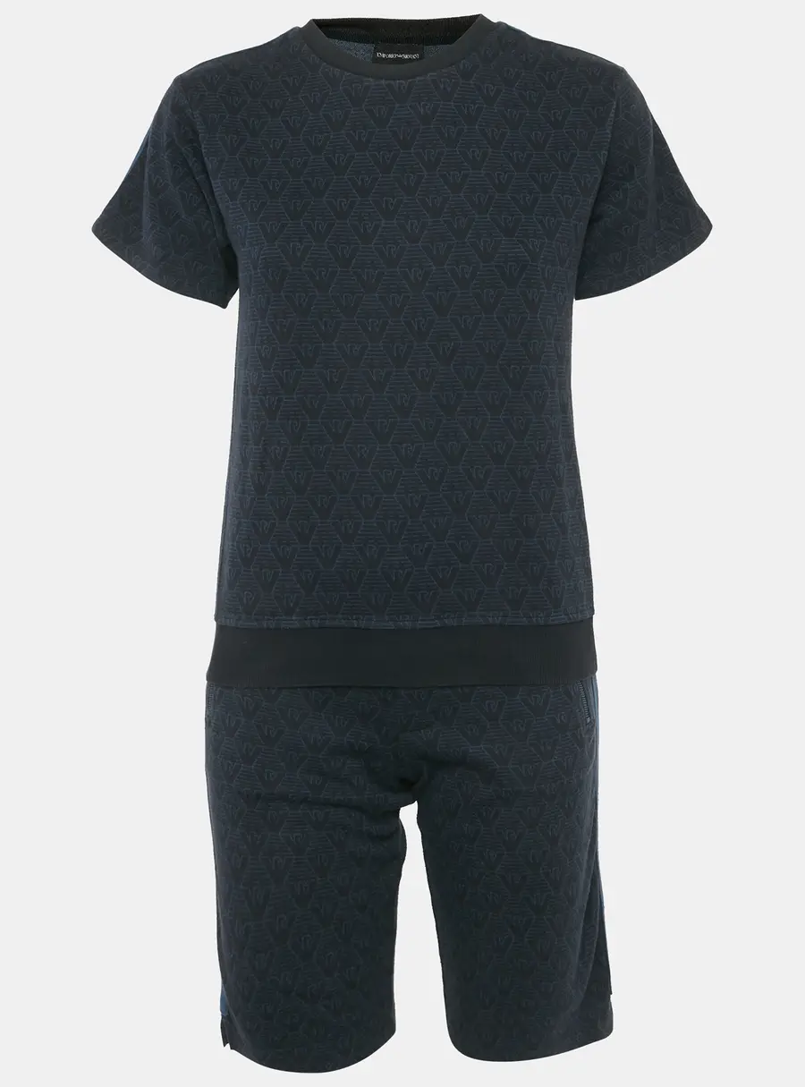 Emporio Armani Navy Blue All Over Eagle Print Cotton Knit T-Shirt & Shorts Set 12Yrs