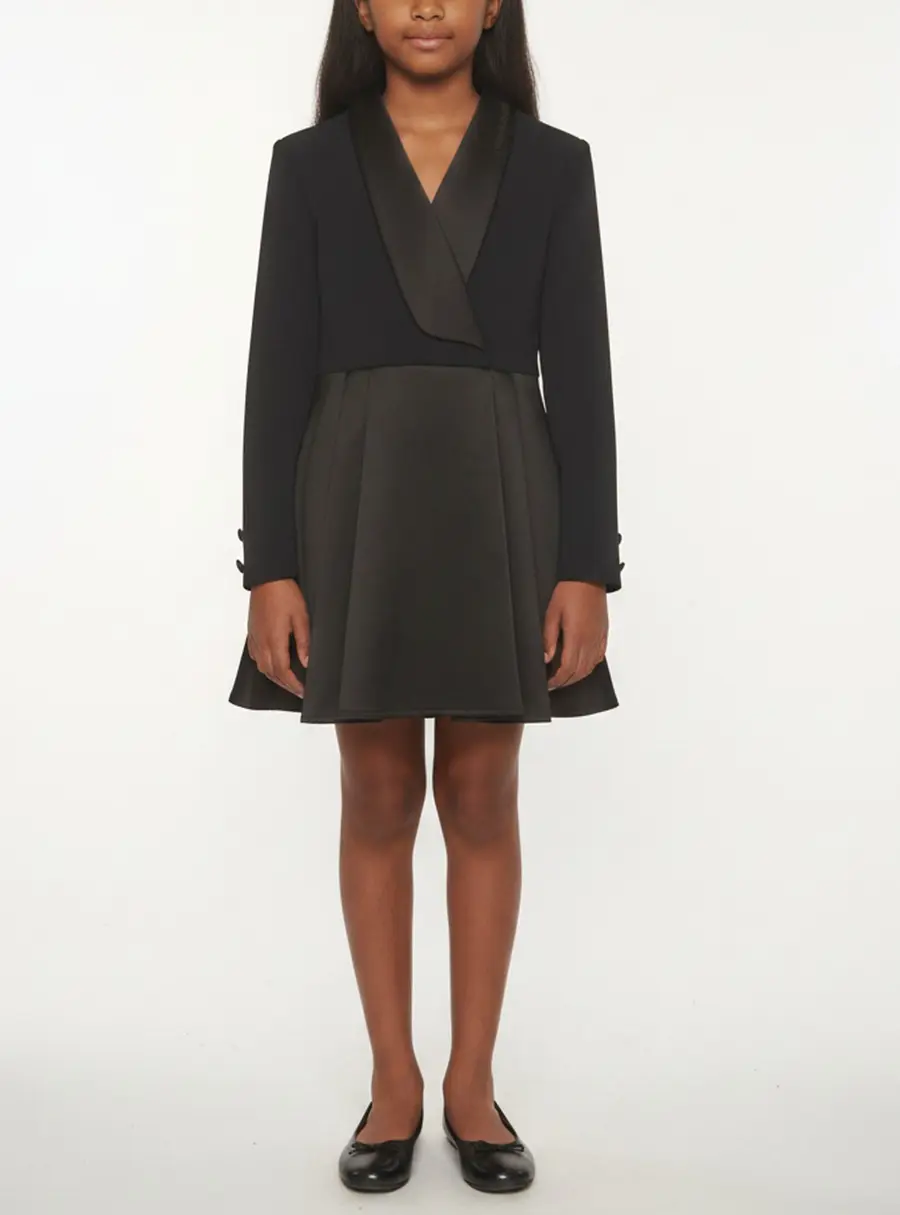 Elisabetta Franchi Kids Black Satin and Crepe Pleated Mini Dress 12 Yrs