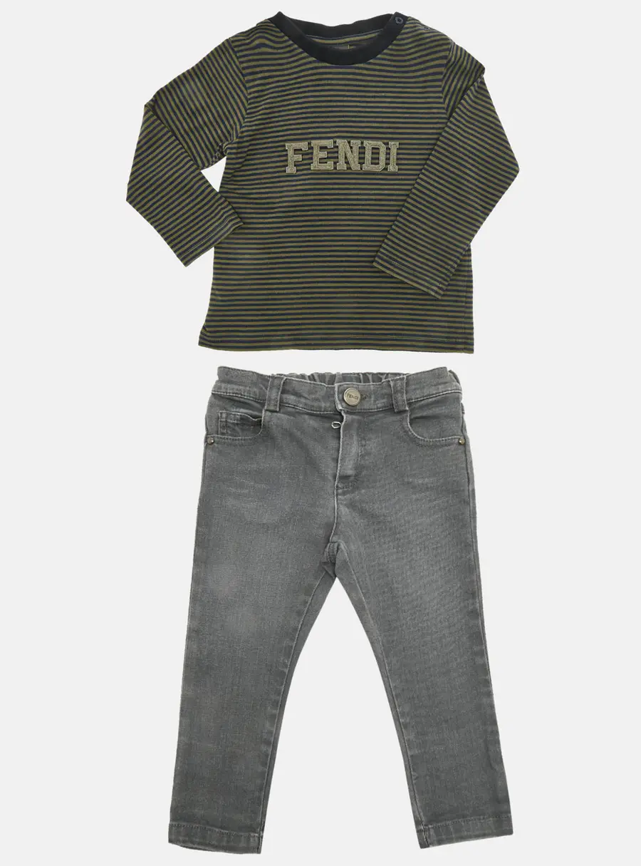 Fend Kids Grey /White Top Cotton & Denim 3 Piece Set 18 Months