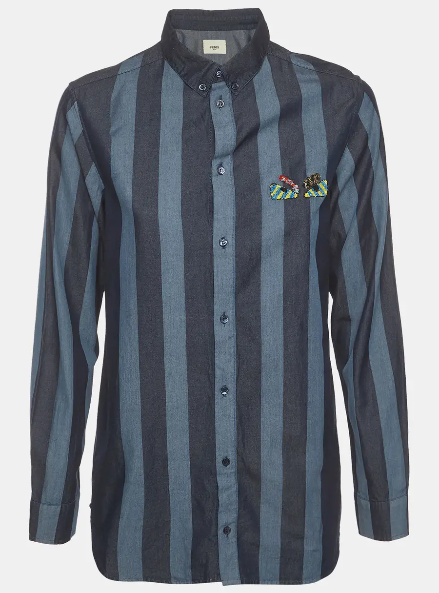 Fendi Navy Blue Stripe Chambray Long Sleeve Shirt 12+Yrs