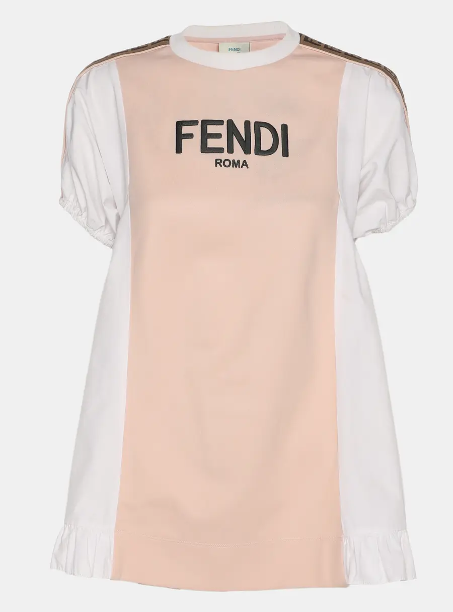 Fendi Kids Pink/White Jersey Logo Embroidered Dress 7 Yrs